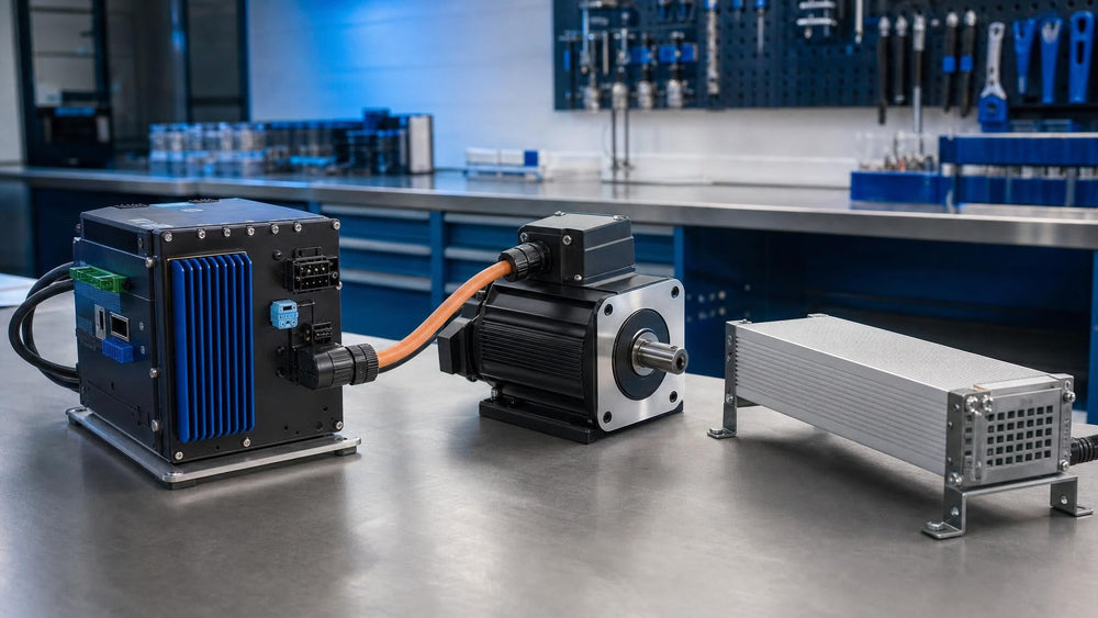 Motor-controller power electronics beside a compact electric motor and an enclosed braking resistor