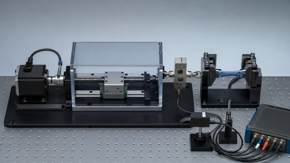 Unbranded actuator test fixture with a load cell, displacement sensor and connected data acquisition hardware