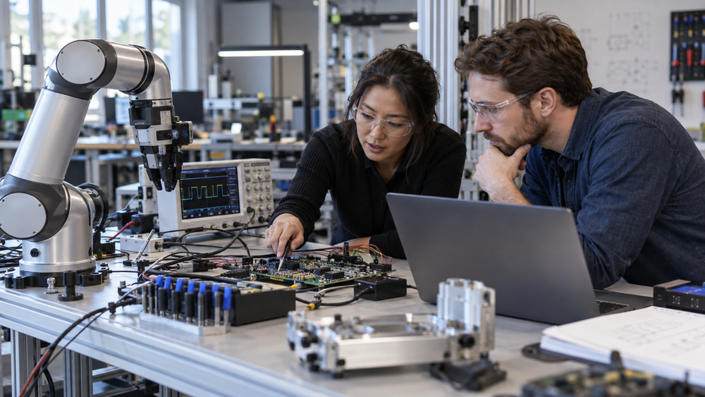 Engineers reviewing embedded electronics beside a collaborative robot and test equipment