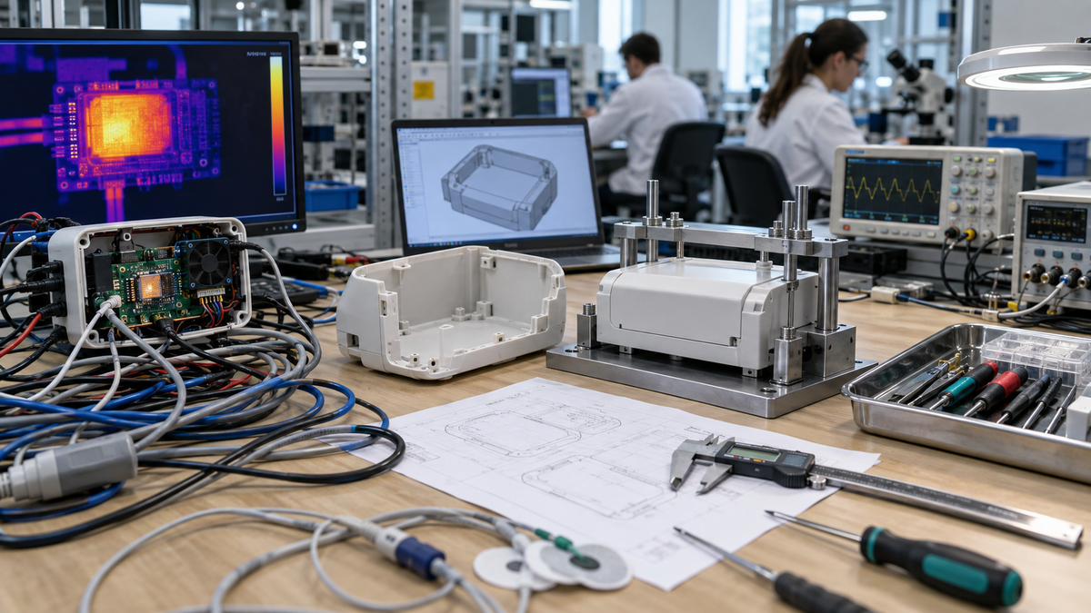 Medical device prototype undergoing thermal, mechanical and interface troubleshooting