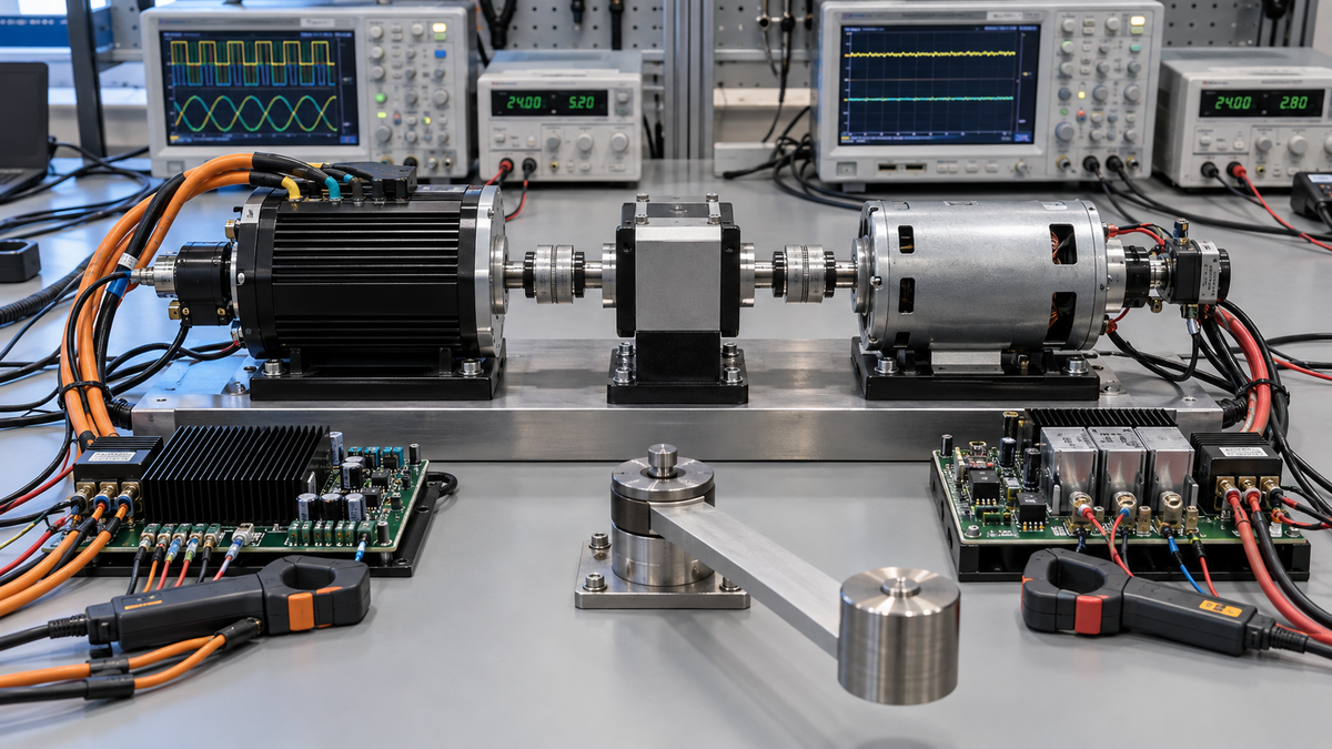 Brushless and brushed DC motors with their respective controller electronics on a test bench
