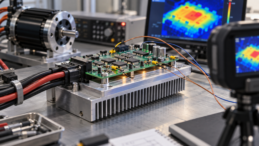 BLDC motor-controller power stage mounted to a heat spreader during thermal characterization