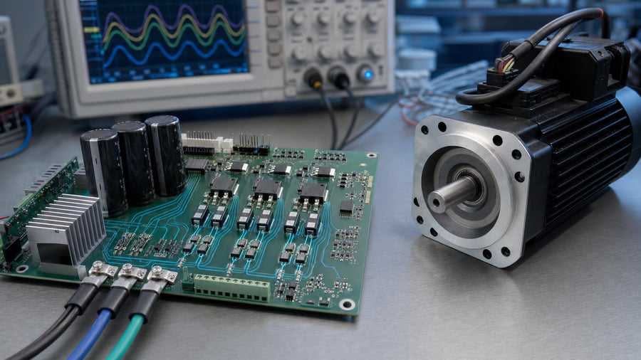 Three-phase motor-control electronics showing current-sense resistors, differential measurement traces and a motor connection