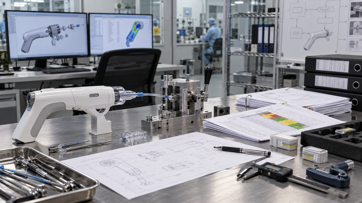 Medical device prototype, inspection fixture and design-control evidence in a quality engineering lab