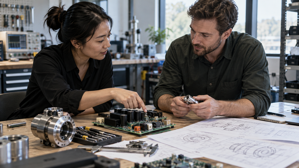Engineers reviewing a motor-control PCB, precision components and technical drawings