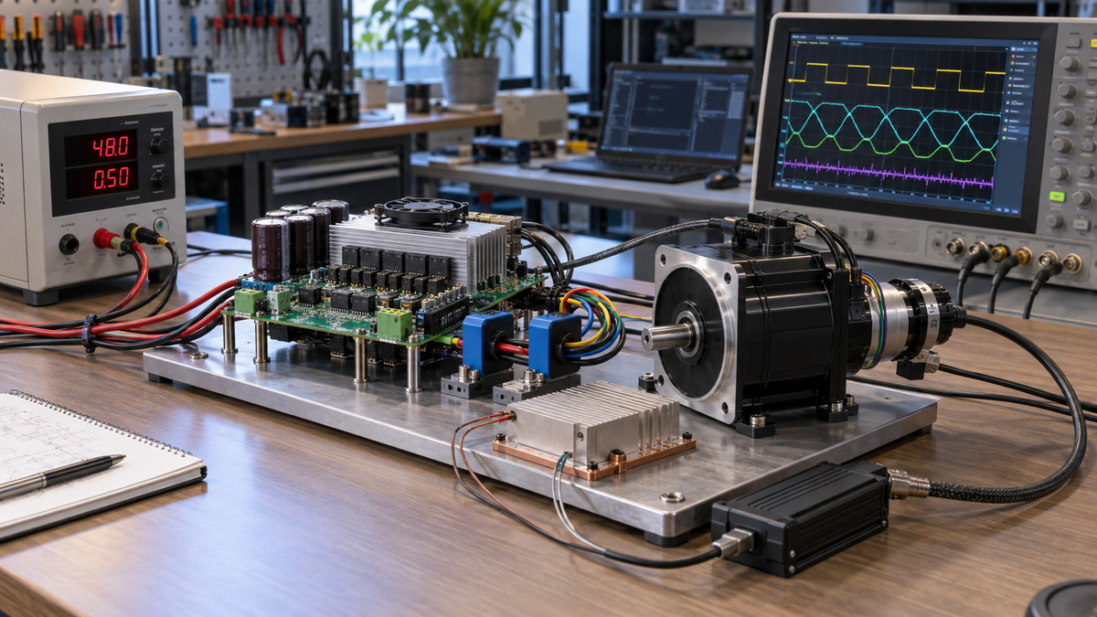 Motor-control system with DC supply, inverter, BLDC motor, sensors and oscilloscope