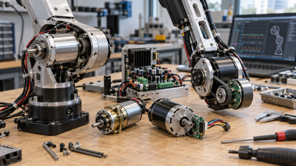 DC motors, gearboxes, encoders and control electronics for robotic actuators