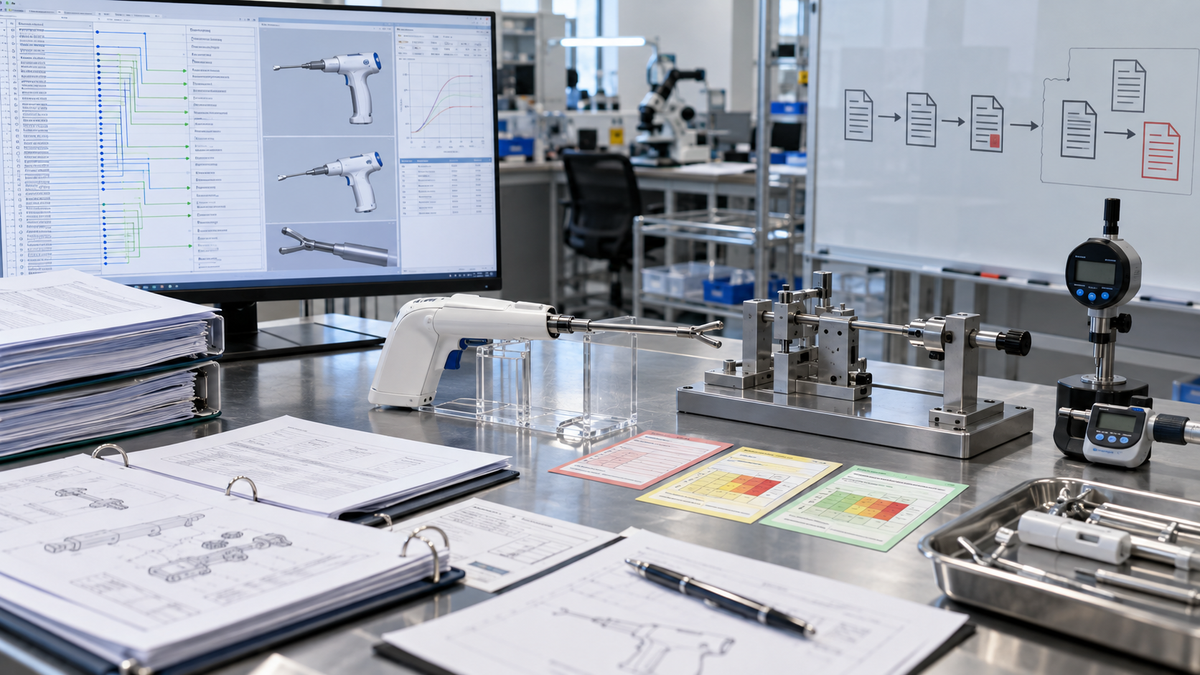 Medical device design-control review with prototype, risk records and verification fixtures