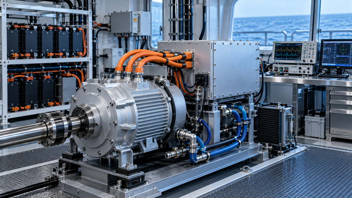 Marine electric propulsion motor, inverter electronics and test instrumentation in an integration lab