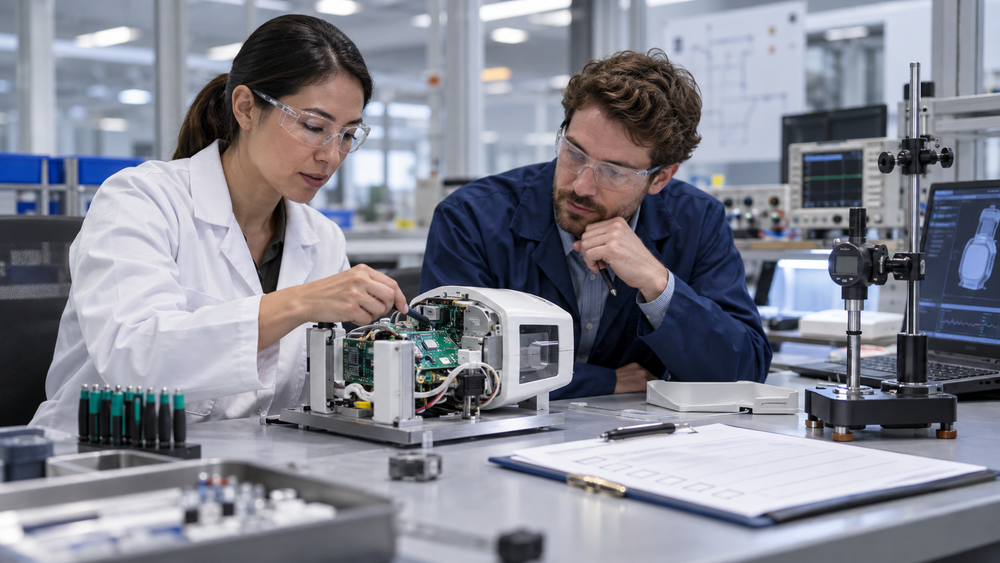Engineers evaluating a medical-device prototype and electronics during a technical review