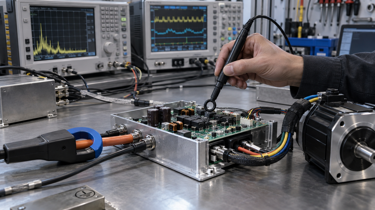 Near-field probe measuring a motor-control PCB during EMC pre-compliance testing
