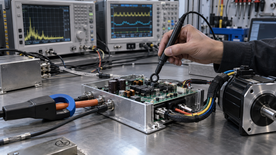 Near-field probe measuring a motor-control PCB during EMC pre-compliance testing