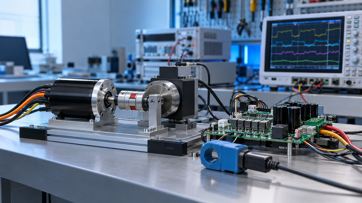 BLDC motor, custom motor-control electronics and test instrumentation on an engineering bench