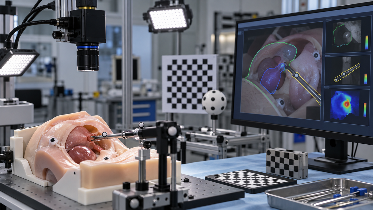 Calibrated computer-vision system tracking an instrument on a medical training phantom
