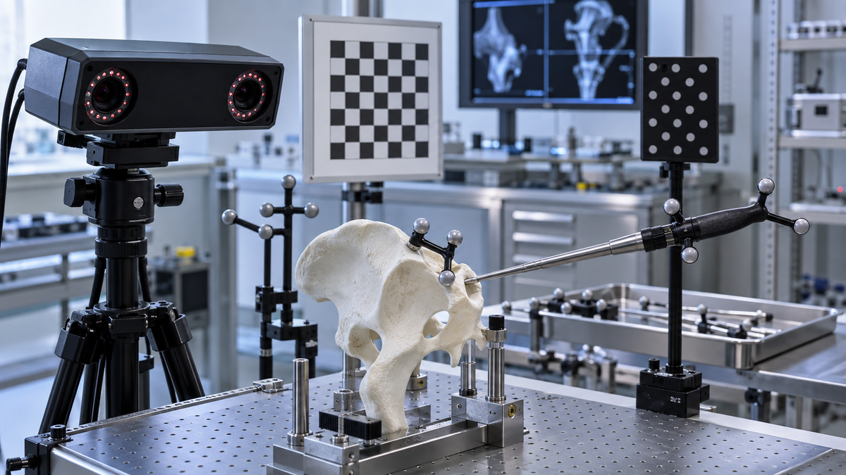 Infrared optical tracking cameras and a surgical instrument calibration fixture in a laboratory