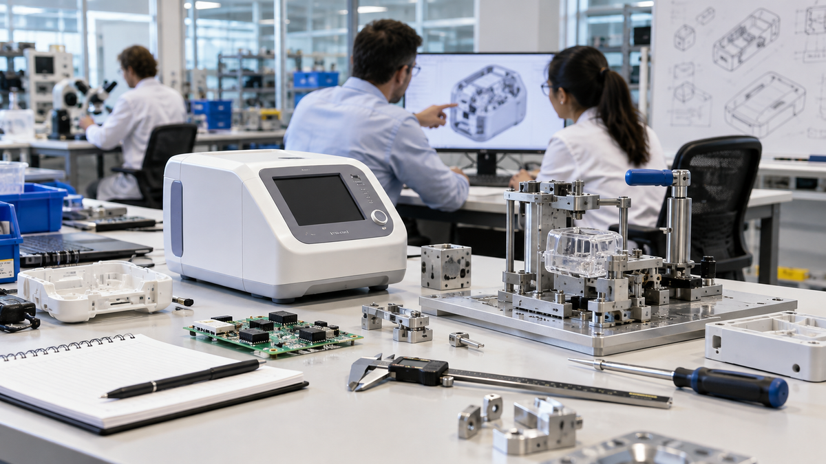 Medical-device prototype, verification fixture and engineering components in a development laboratory