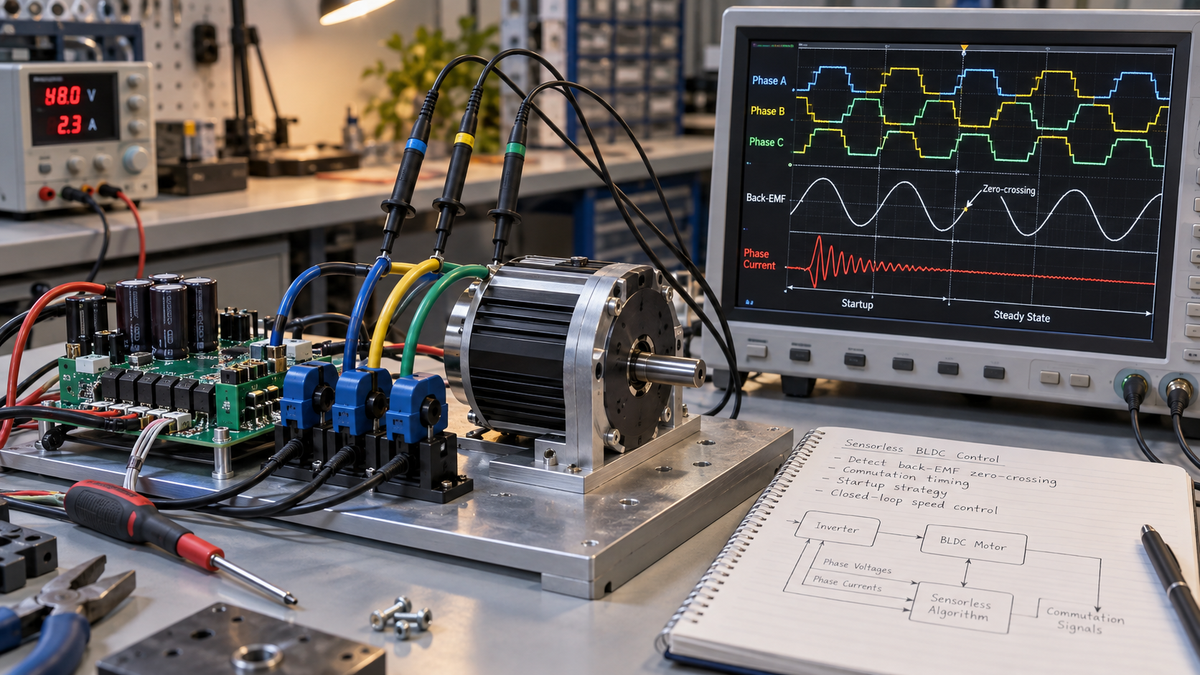 Sensorless BLDC motor test rig with phase voltage probes and back-EMF waveforms