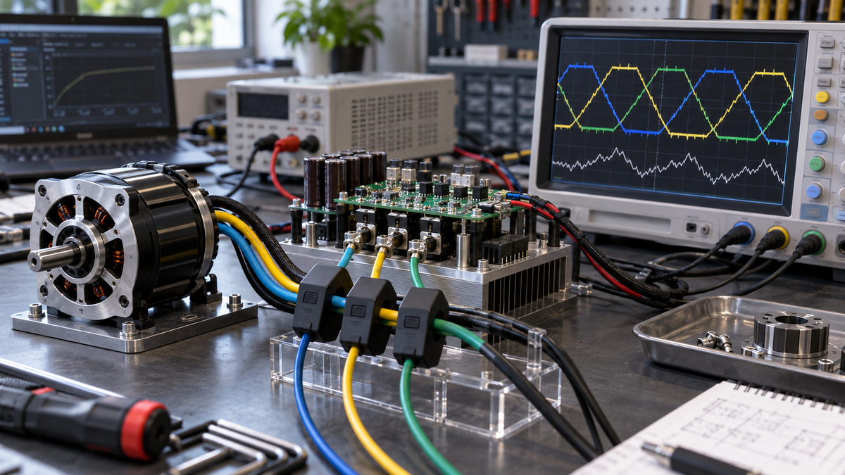Sensorless BLDC motor, inverter board and oscilloscope during startup tuning