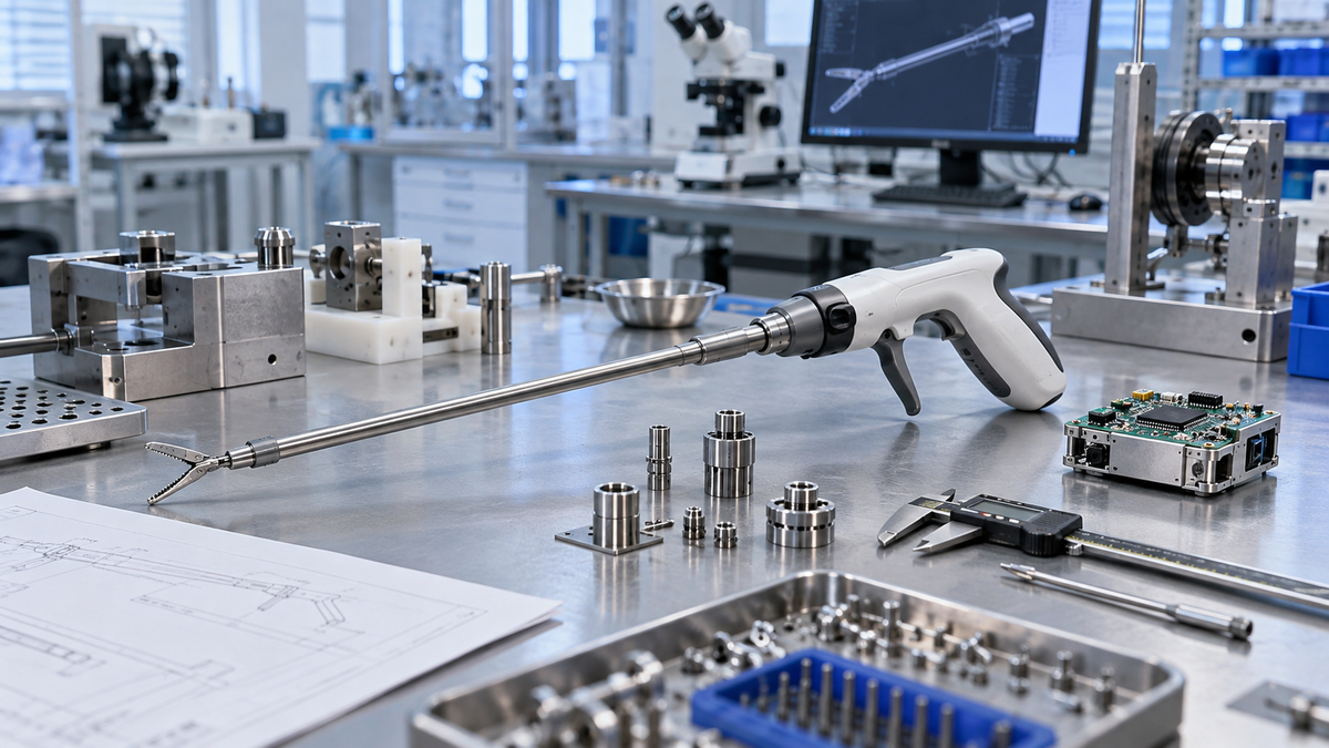 Surgical instrument prototype, motor-control electronics and verification hardware on an engineering bench