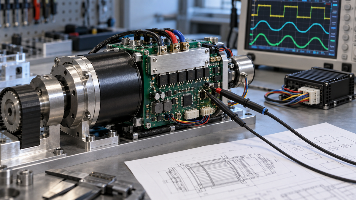 Application-specific BLDC motor controller integrated with a compact motor and test equipment
