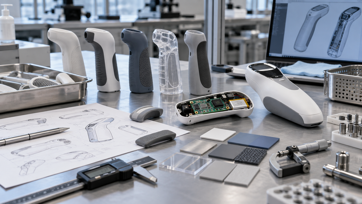 Ergonomic medical device enclosure prototypes, material samples and engineering components