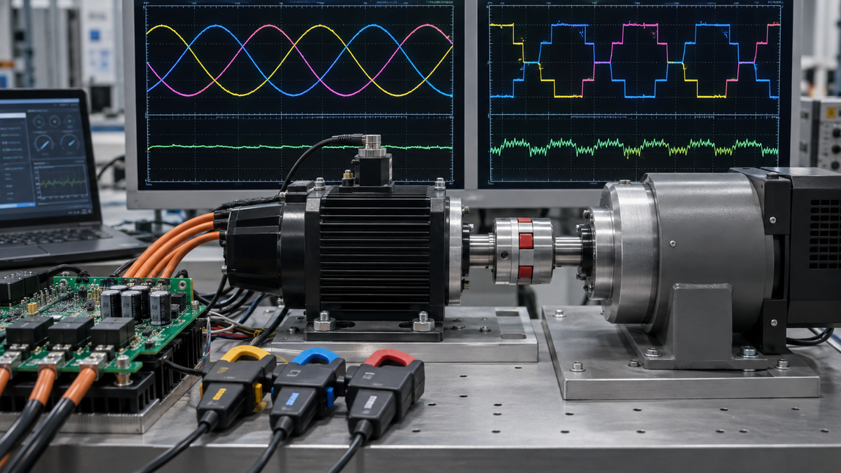 BLDC motor dynamometer and inverter used to compare field-oriented and six-step control