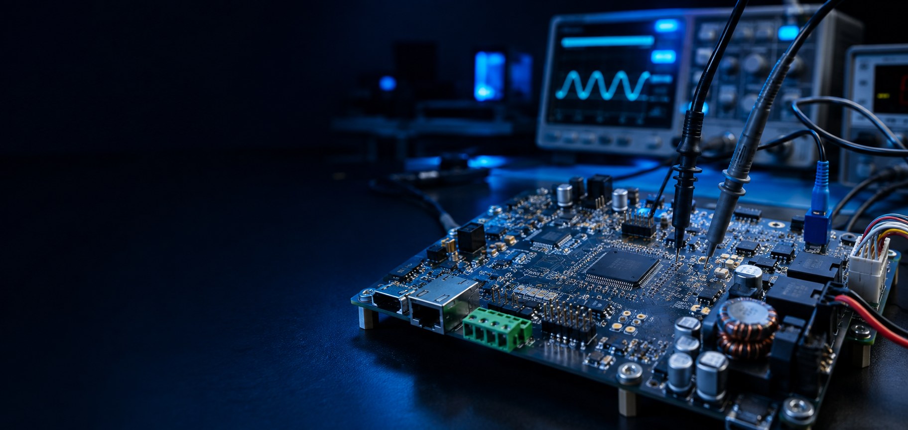 Mixed-signal embedded control circuit board on an electronics test bench