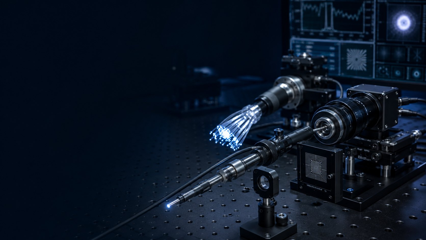 Conceptual optomechanical bench with fiber illumination, imaging sensor, lens assembly and calibration target