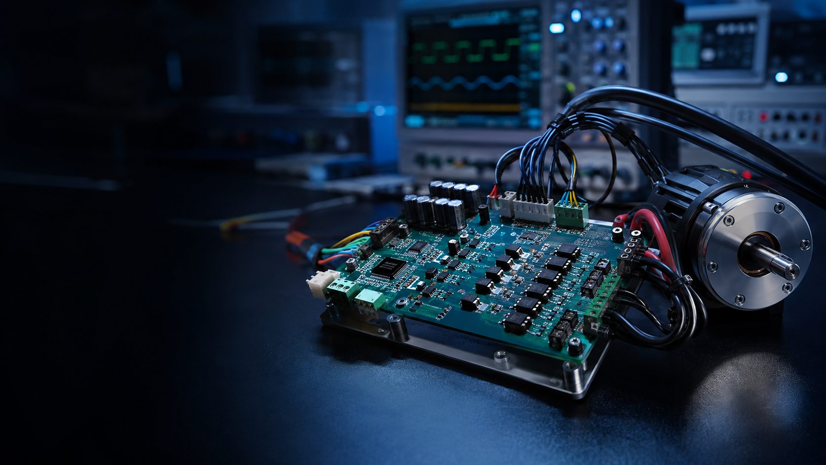 Conceptual BLDC motor controller connected to a motor on an electronics test bench