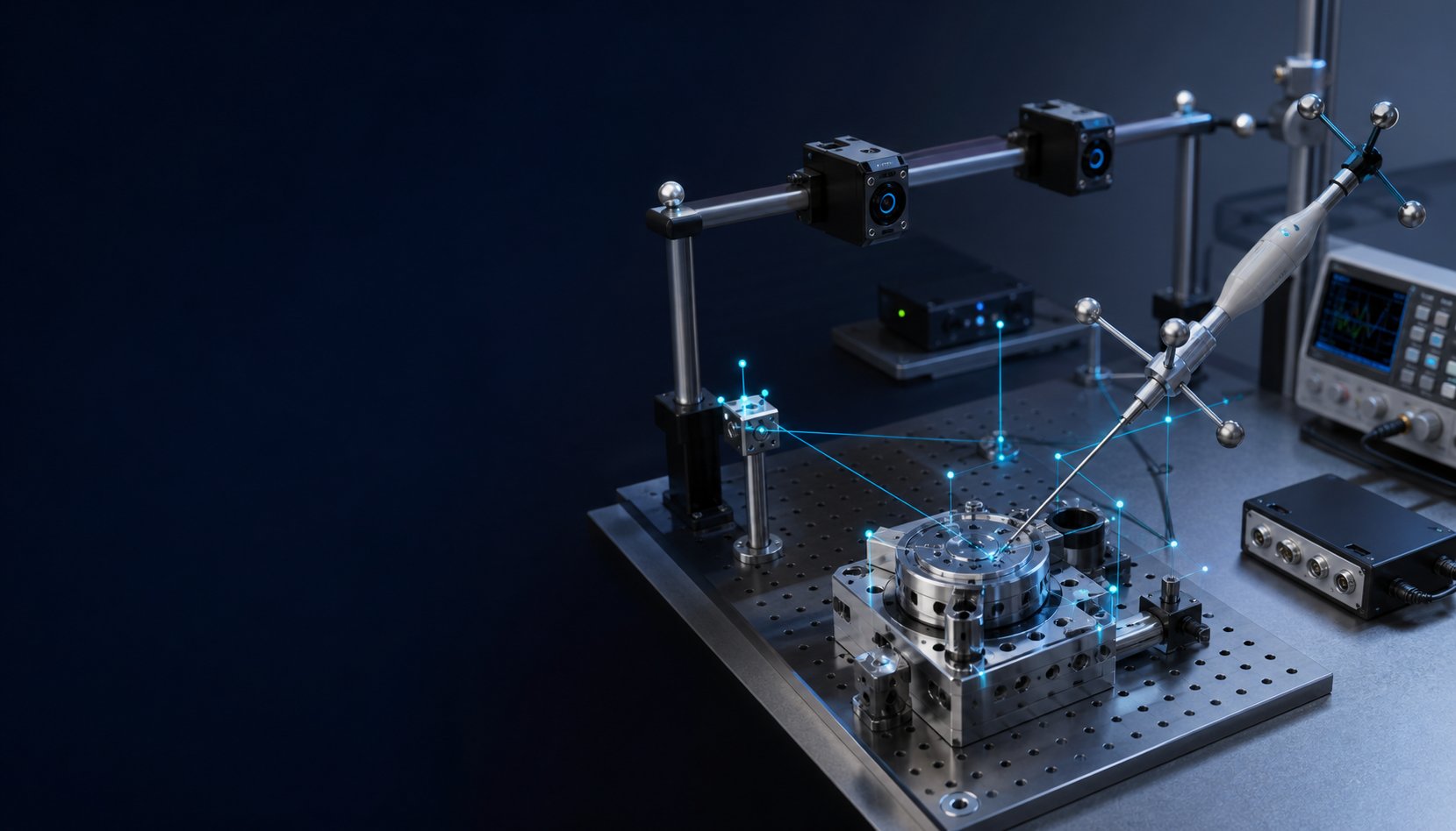 Conceptual tracked instrument and optical-camera calibration setup on an engineering bench
